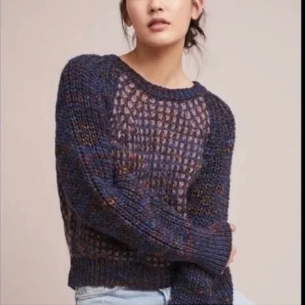 Moth Navy Open-Weave Crewneck Sweater with Multicolor Flecks